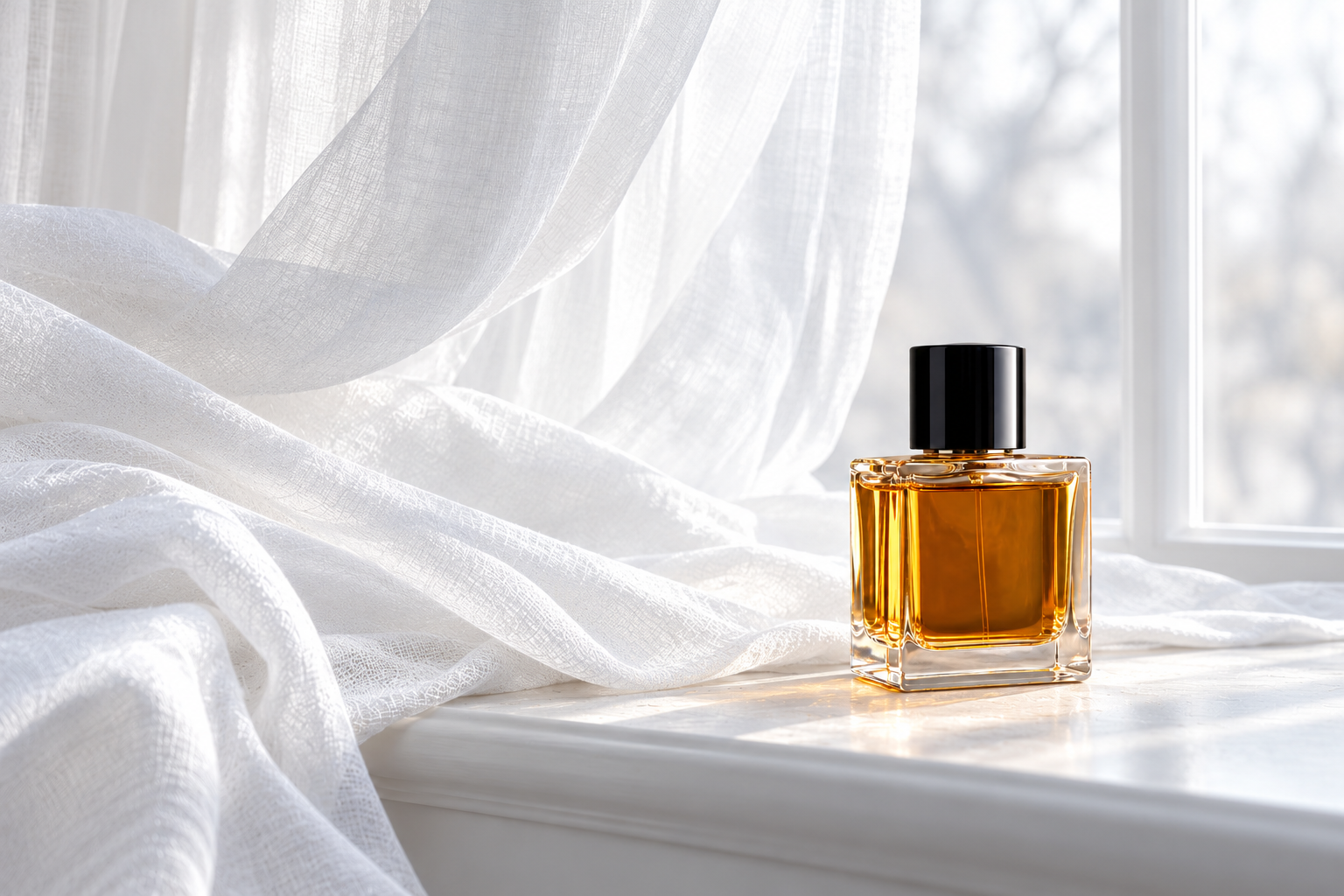 A clear perfume bottle with a black cap on a bright white windowsill beside billowing sheer cotton.