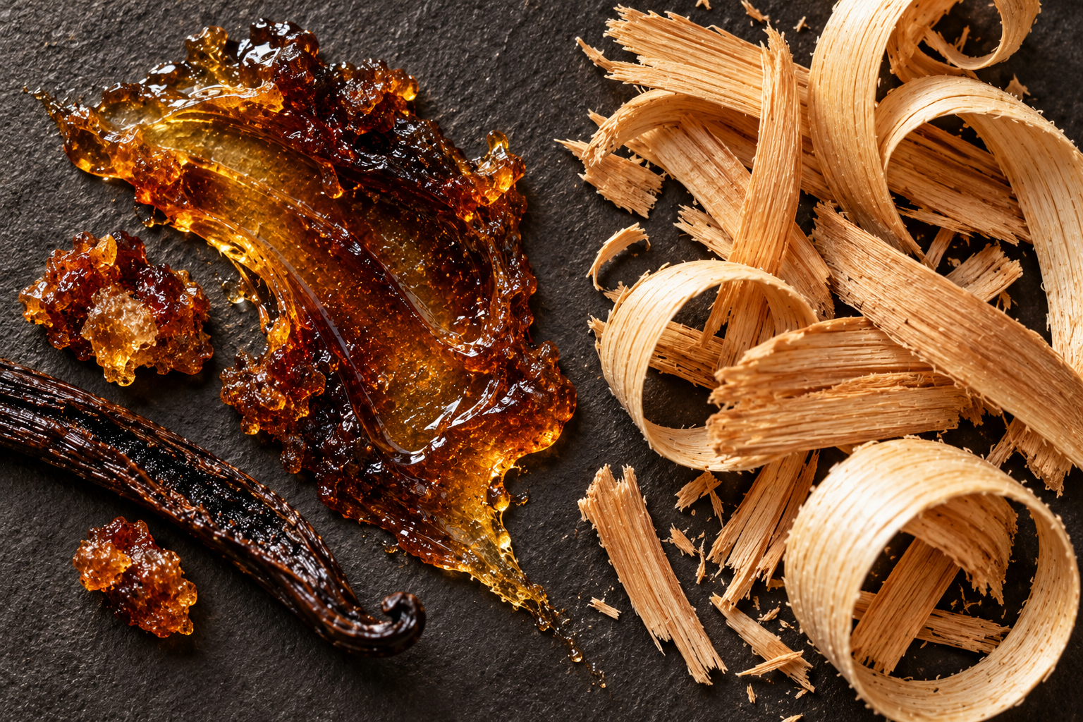 Macro view of glossy golden-brown resin and a vanilla pod beside curled dry wood shavings on charcoal slate.