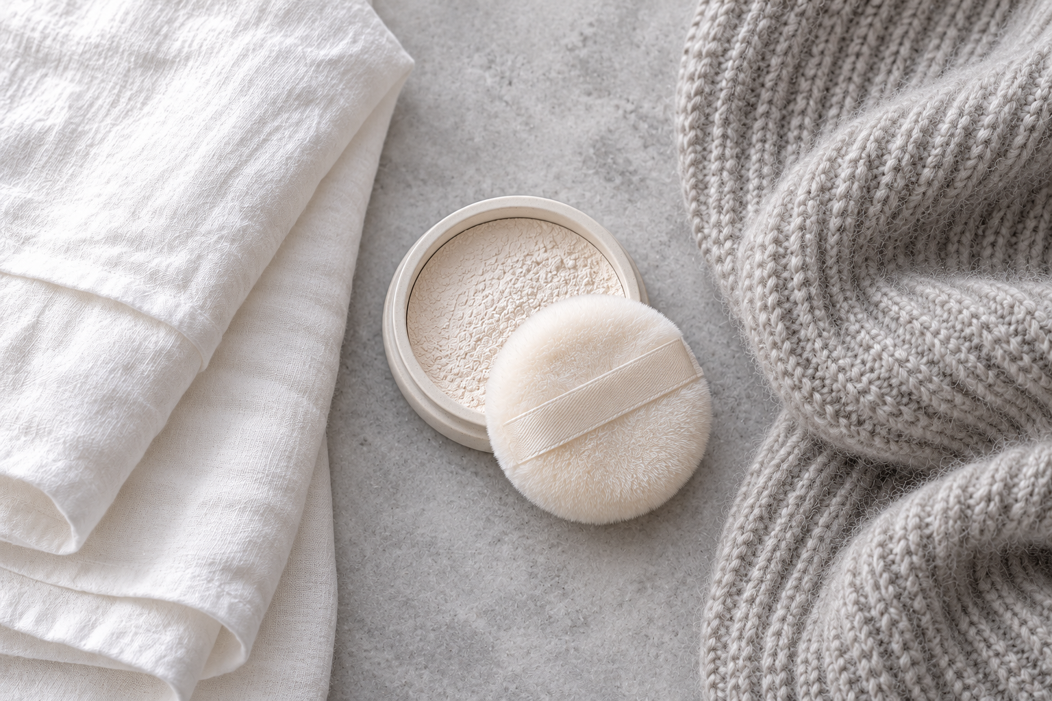 Overhead close-up of folded white cotton, a pale powder compact and puff, and soft grey knit.