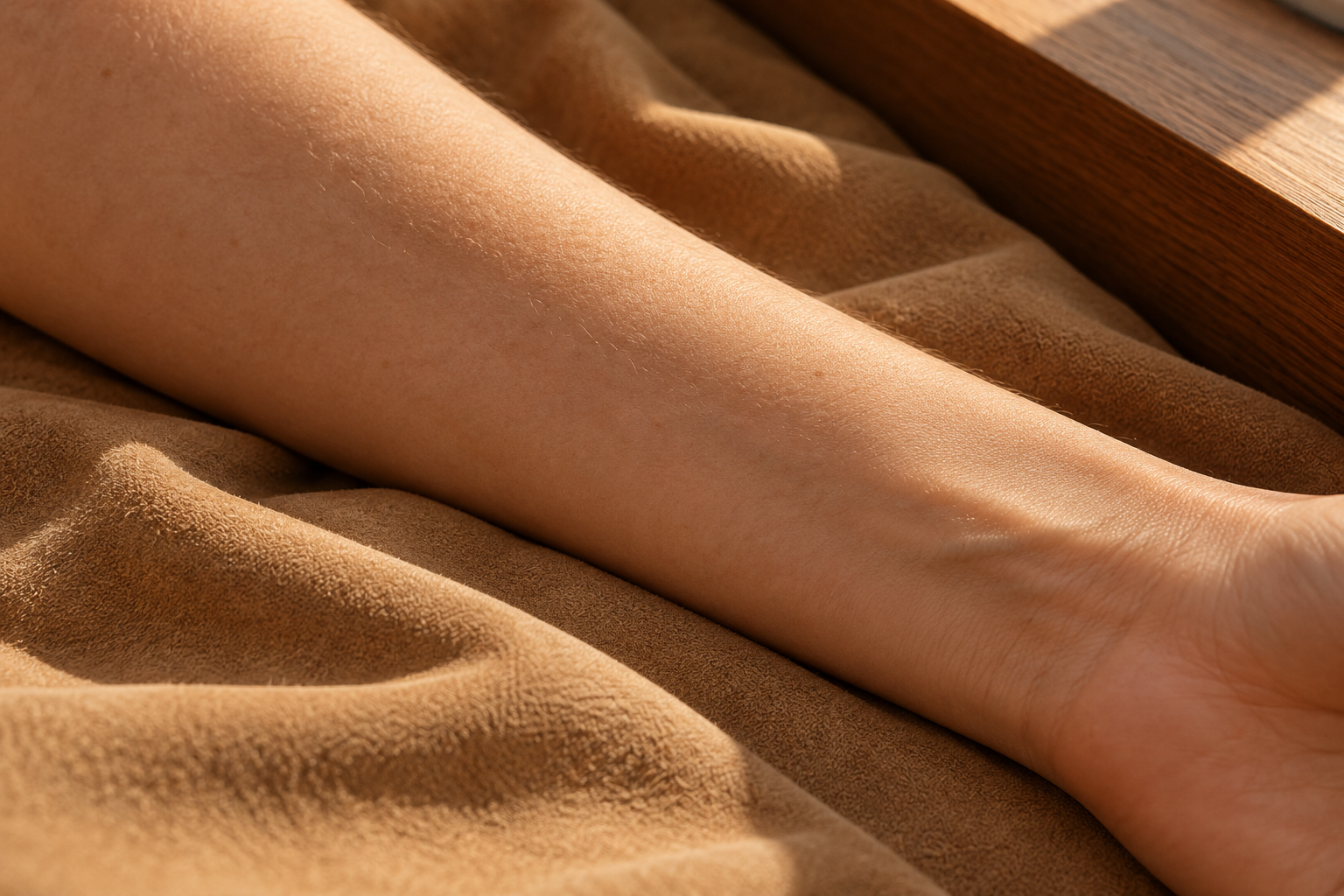 An adult forearm resting on tan suede beside softly lit wood.