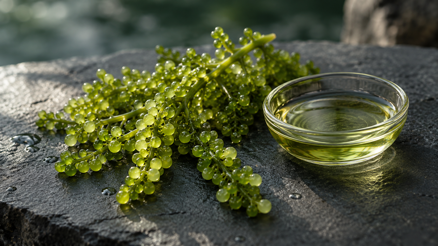 Green sea grapes beside a clear glass dish of golden oil on dark, damp stone.