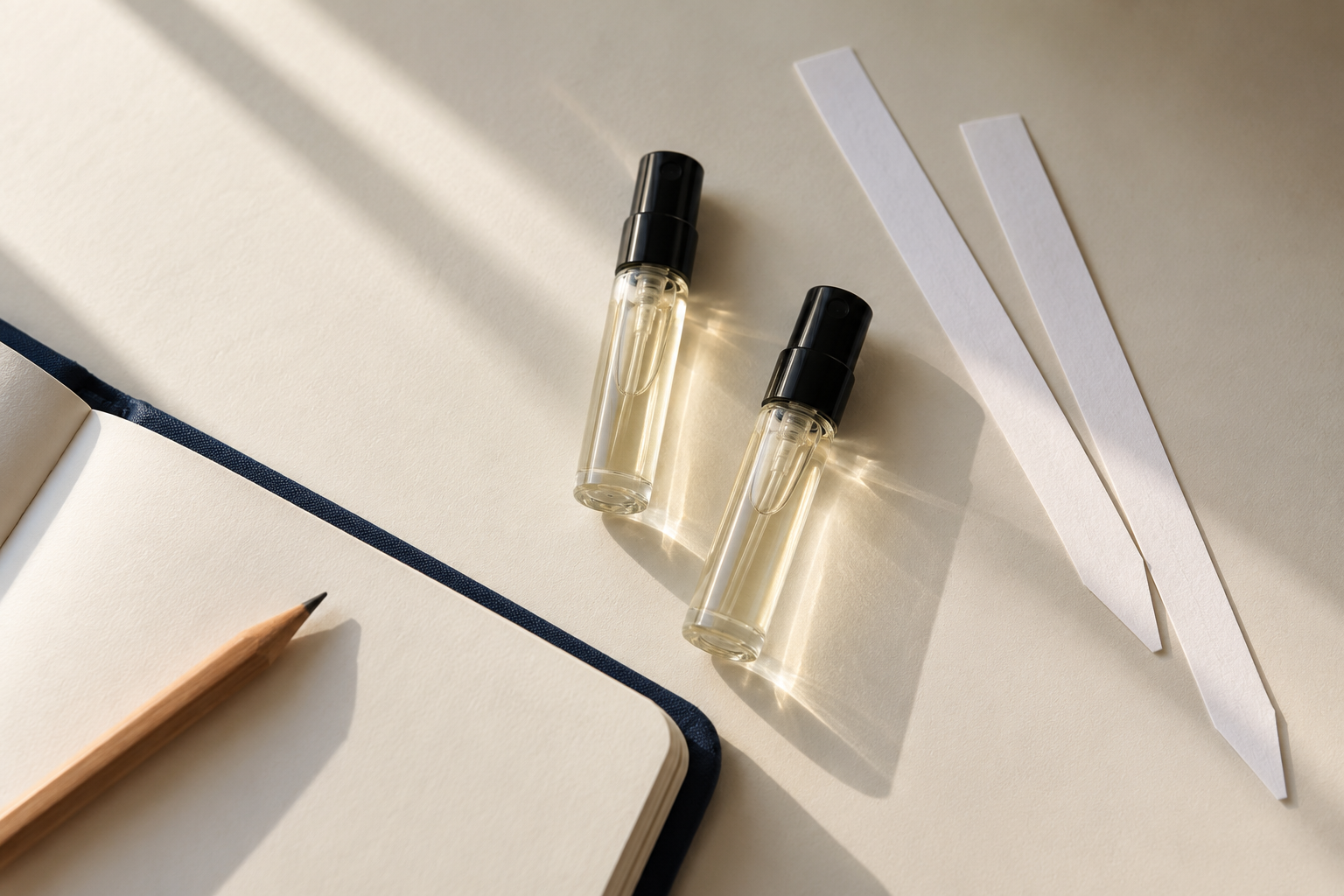 Two small perfume spray samples beside white scent strips, a blank notebook and a pencil.