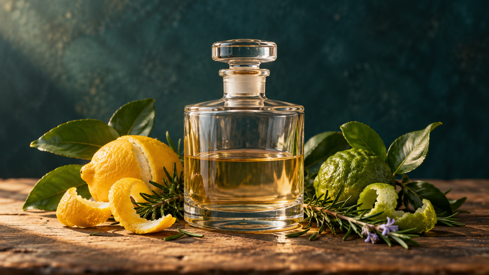 A clear glass cologne bottle surrounded by citrus peel, rosemary, and green leaves on a wooden tabletop against a deep-teal backdrop.