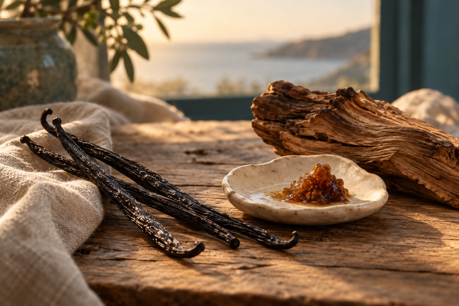 Vanilla pods, golden-brown resin in a ceramic dish, and weathered wood in warm window light.