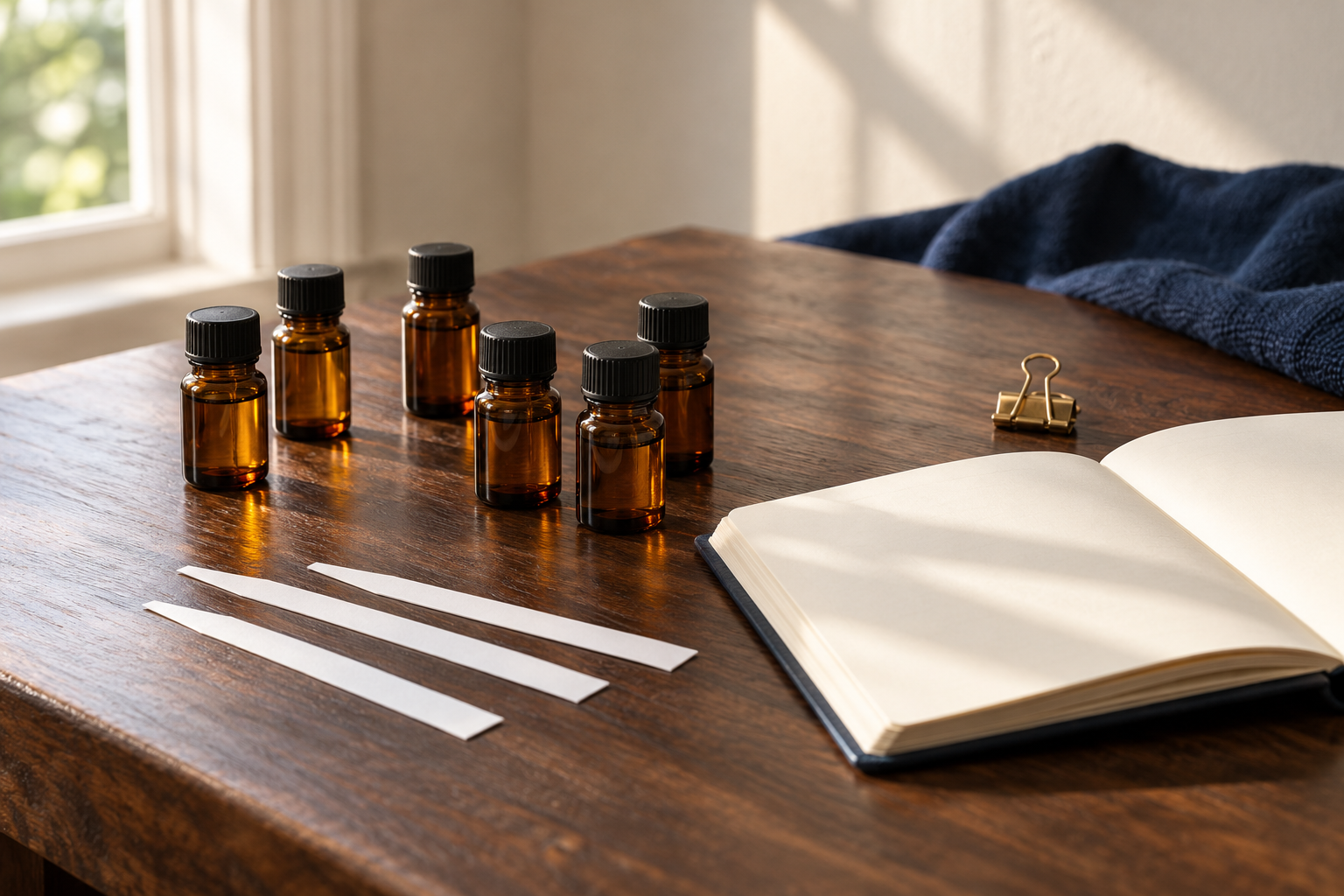 Amber glass perfume vials, white scent strips and a blank notebook on a sunlit wooden workbench.