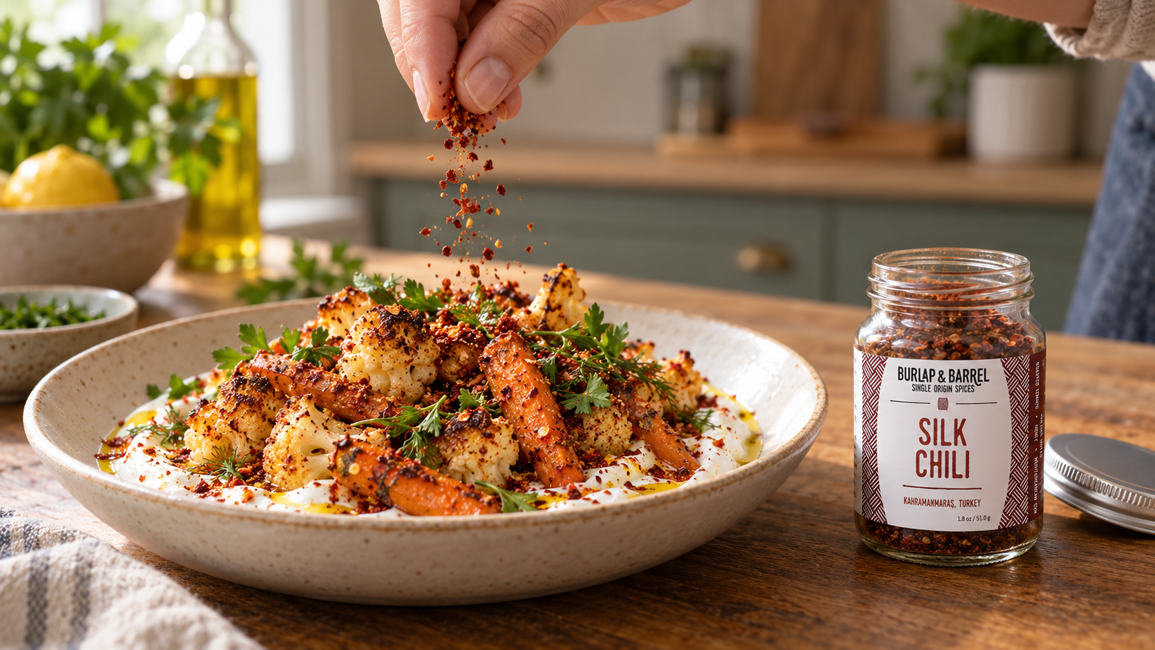 Silk Chili flakes with cooking ingredients like eggs and vegetables.