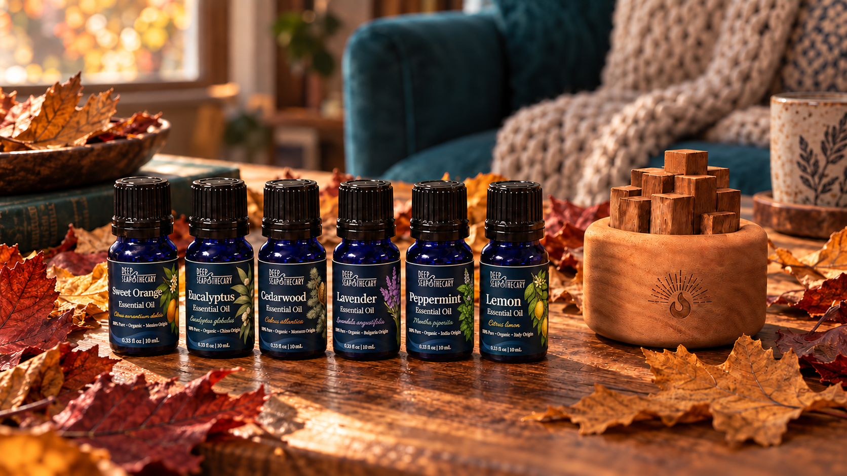 Essential oils with autumn leaves creating a cozy fall atmosphere.