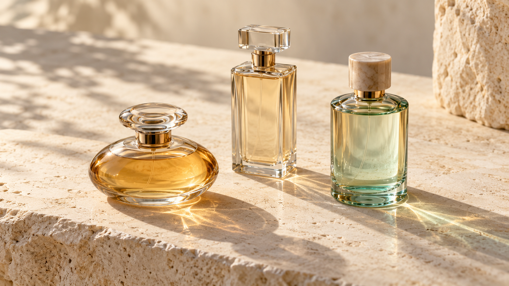 Three unlabelled fragrance bottles with rounded, rectangular and cylindrical shapes casting warm translucent shadows on pale stone.